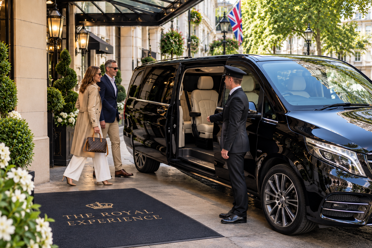 Couple arriving at a luxury hotel, being assisted by a doorman in a tuxedo, with a black luxury van parked outside, hotel entrance with potted plants, and a welcoming mat reading 'The Royal Experience'.