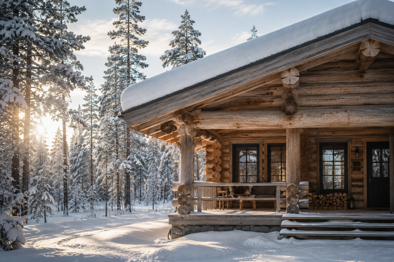 Lumen kylmässä talvimaisemassa, jossa on pieni puurakennus, lumisia puita ja auringonvalo.