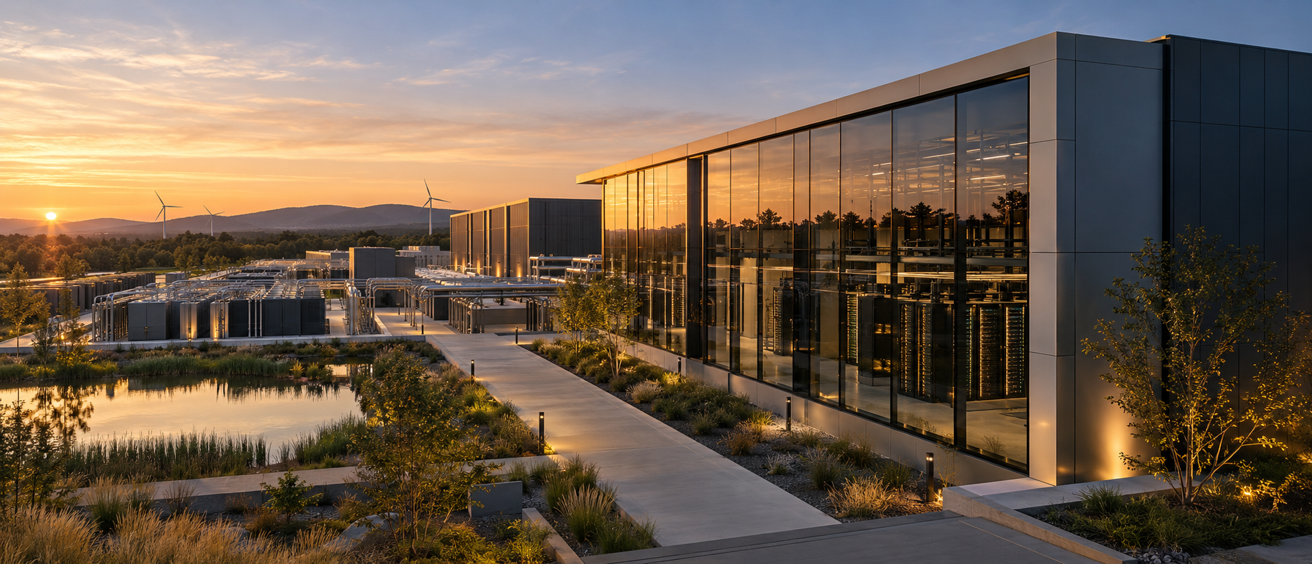 Modern AI data centre campus with power and cooling infrastructure at sunset