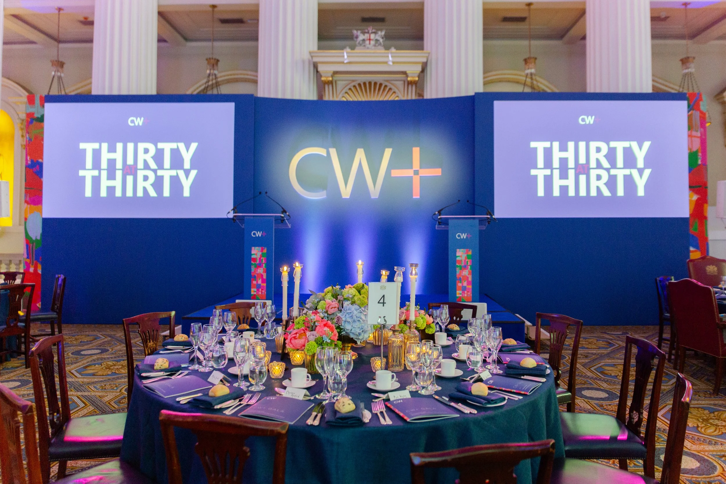 A banquet hall with a large round table decorated with a floral centerpiece, candles, and place settings including wine glasses, plates, and napkins. There are chairs around the table and a stage in the background with a sign that reads 'CW+'. The room has ornate columns and colorful wall decorations.