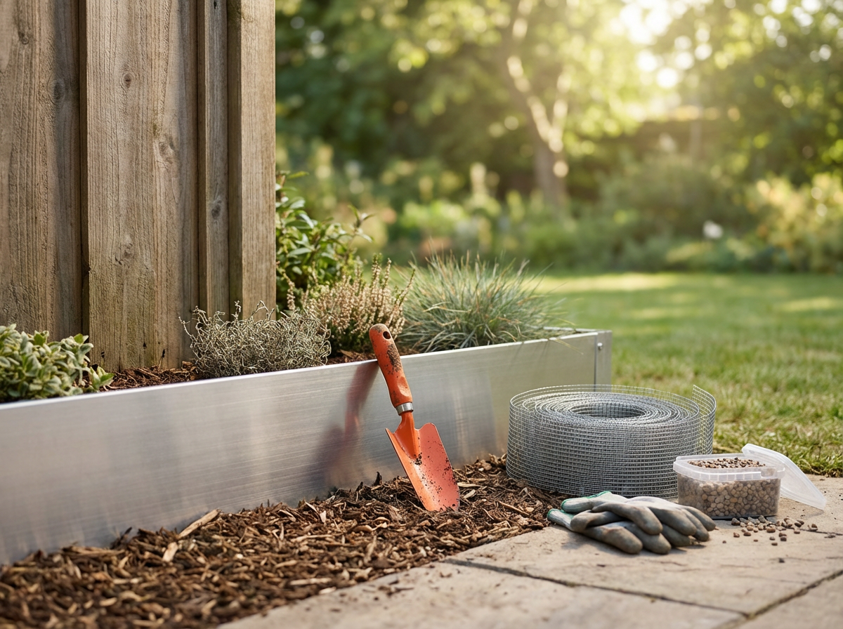 Raised garden bed with plants, hand trowel, gardening gloves, wire mesh roll, and seed container in a backyard