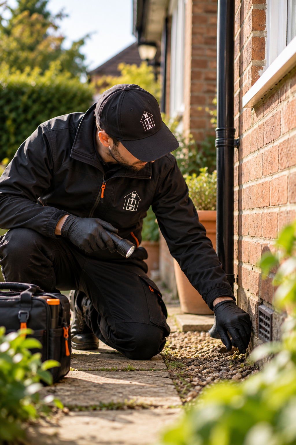 Pest control technician inspecting a brick home's exterior with a flashlight