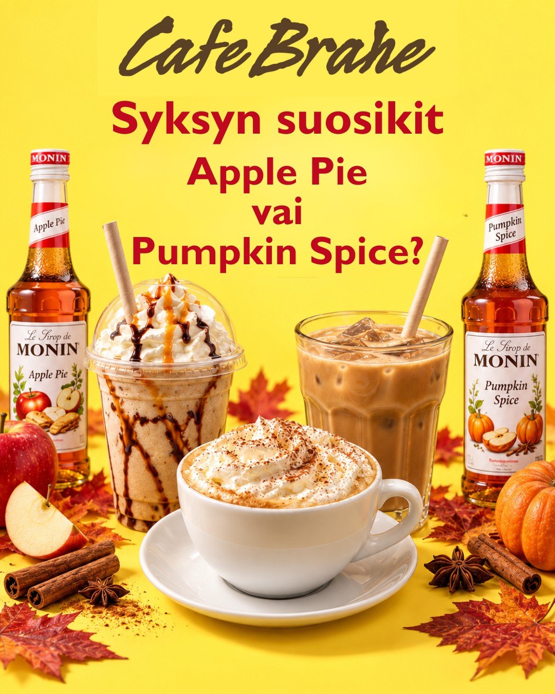 🍂Syksyn suosikit!☕

Kumman maun sin&auml; valitset?
🍎Apple Pie vai Pumpkin Spice🎃

Sesonkikahvit saat meilt&auml; l&auml;mpim&auml;n&auml; lattena, viile&auml;n&auml; j&auml;&auml;lattena, frapp&eacute;na ja monena muuna herkkuna. T&auml;ydellinen