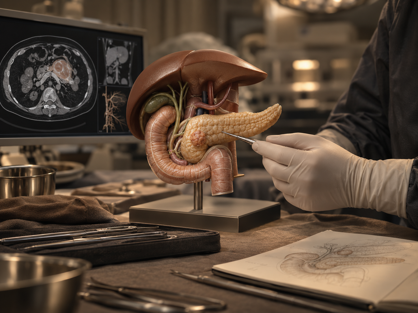 Brown-toned medical illustration representing abdominal neuroendocrine tumor surgery