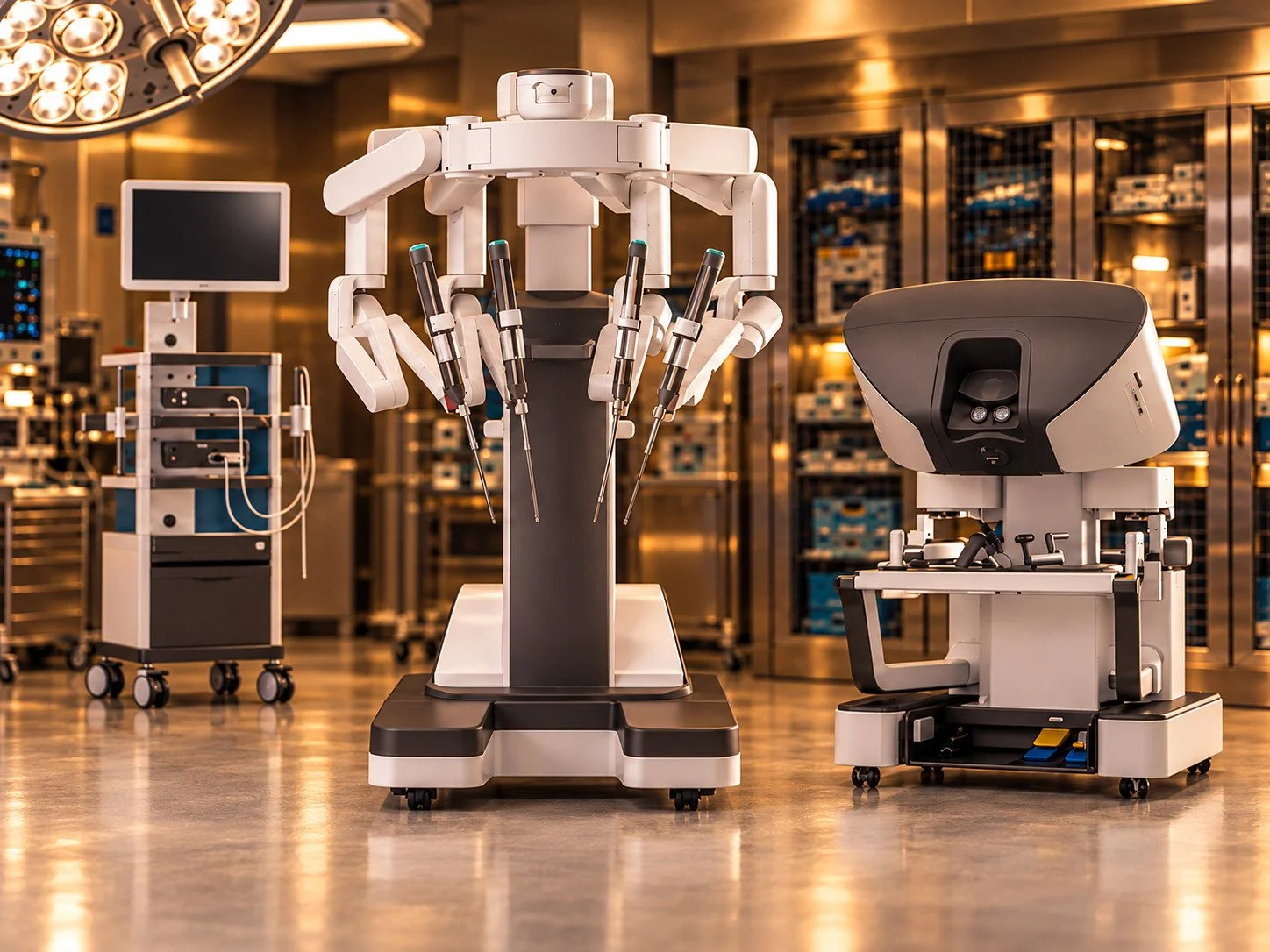 Robotic surgical equipment in an operating room, including a robotic arm with surgical instruments, a monitor, and other medical devices.