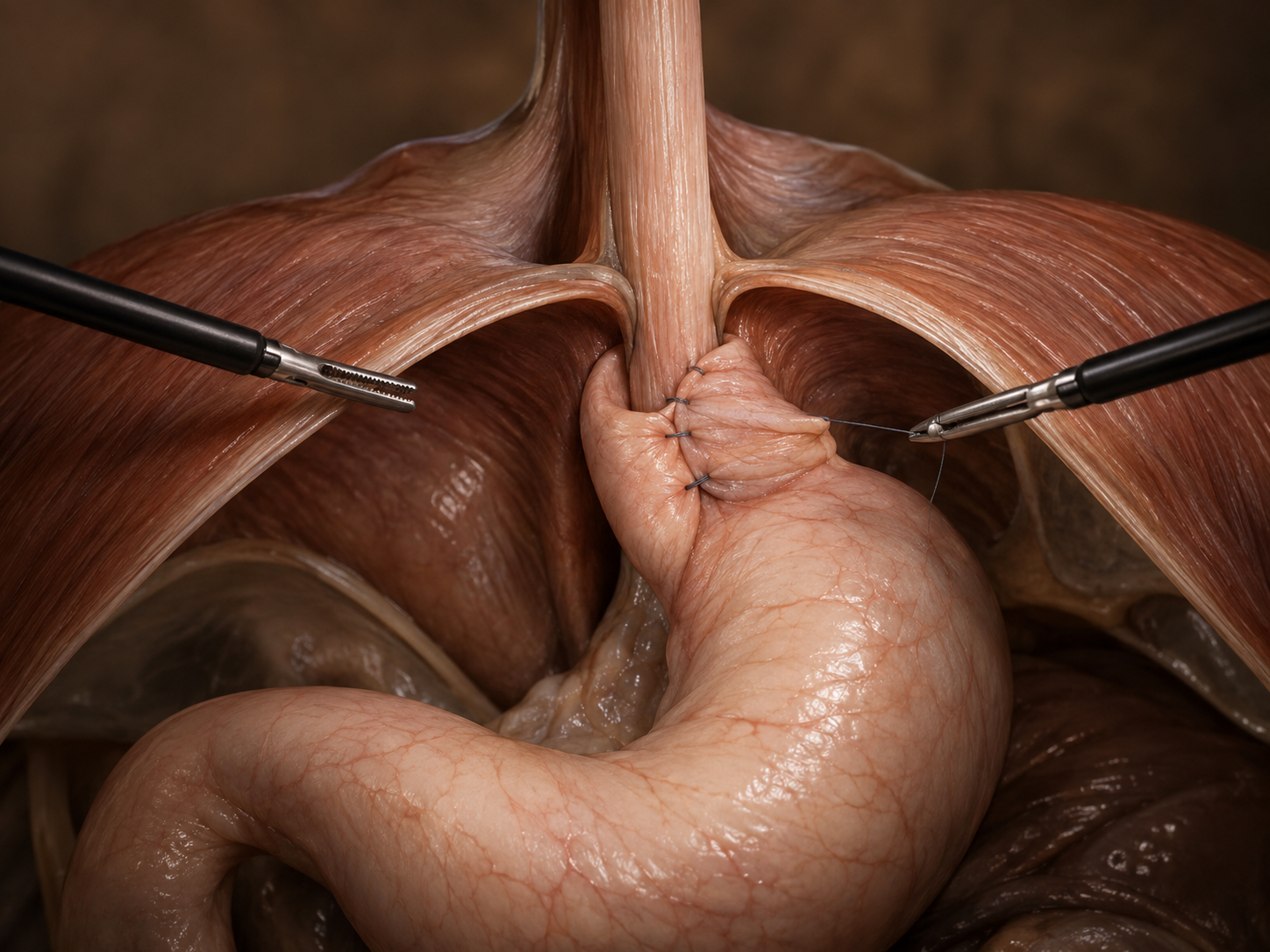 Brown-toned anatomical model representing hiatal hernia and antireflux surgery