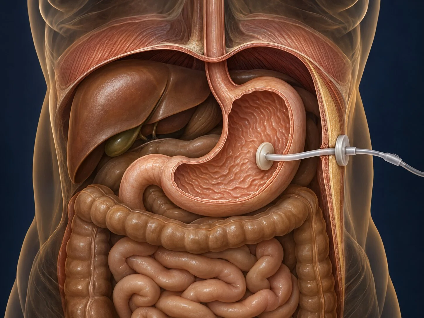 Bronze anatomical illustration of gastrostomy tube placement