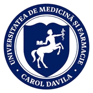 Logo of the University of Medicine and Pharmacy, Carol Davila, featuring a snake entwined around a staff and a profile of a human figure.