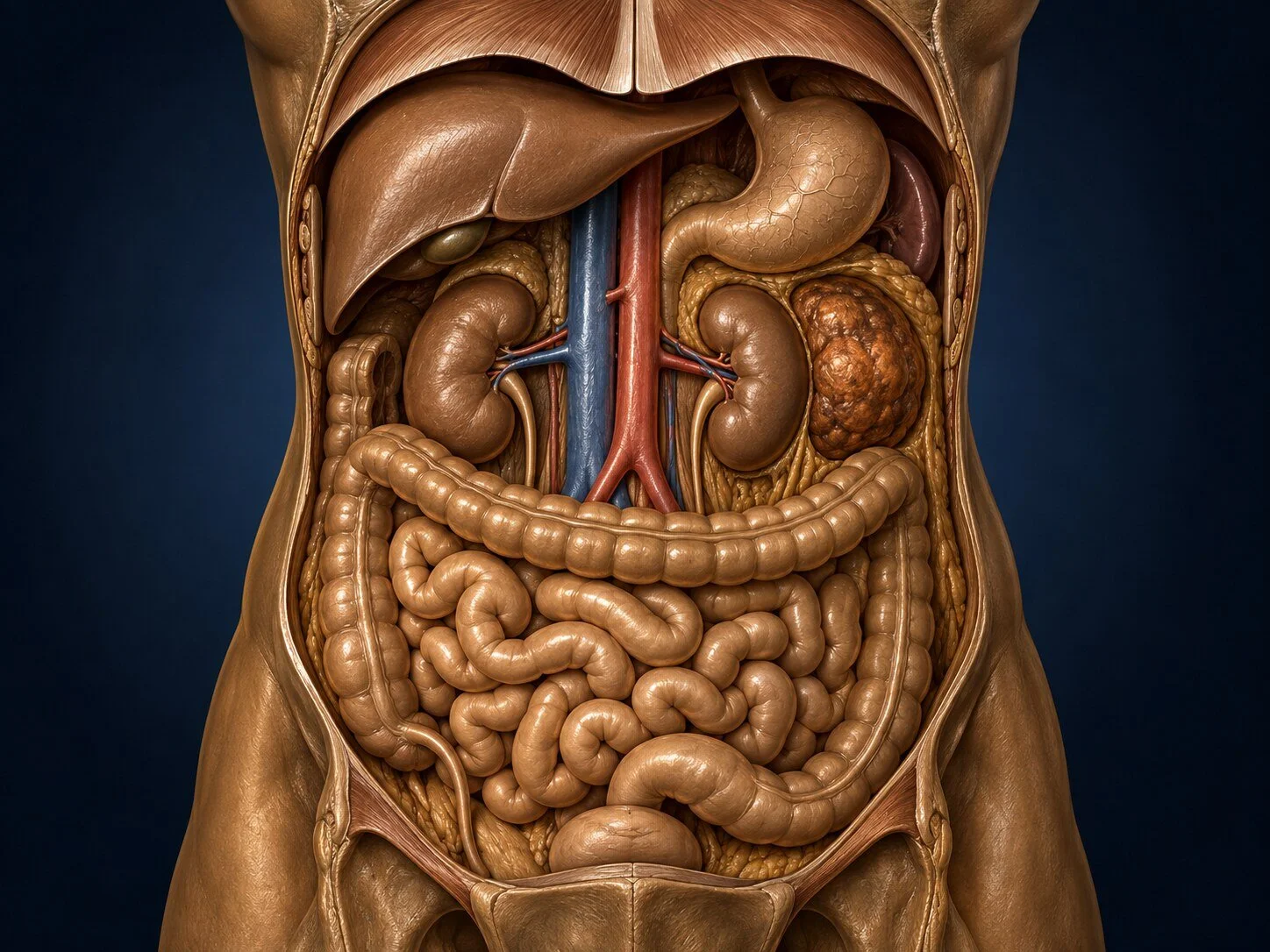 Bronze anatomical illustration of an abdominal retroperitoneal mass