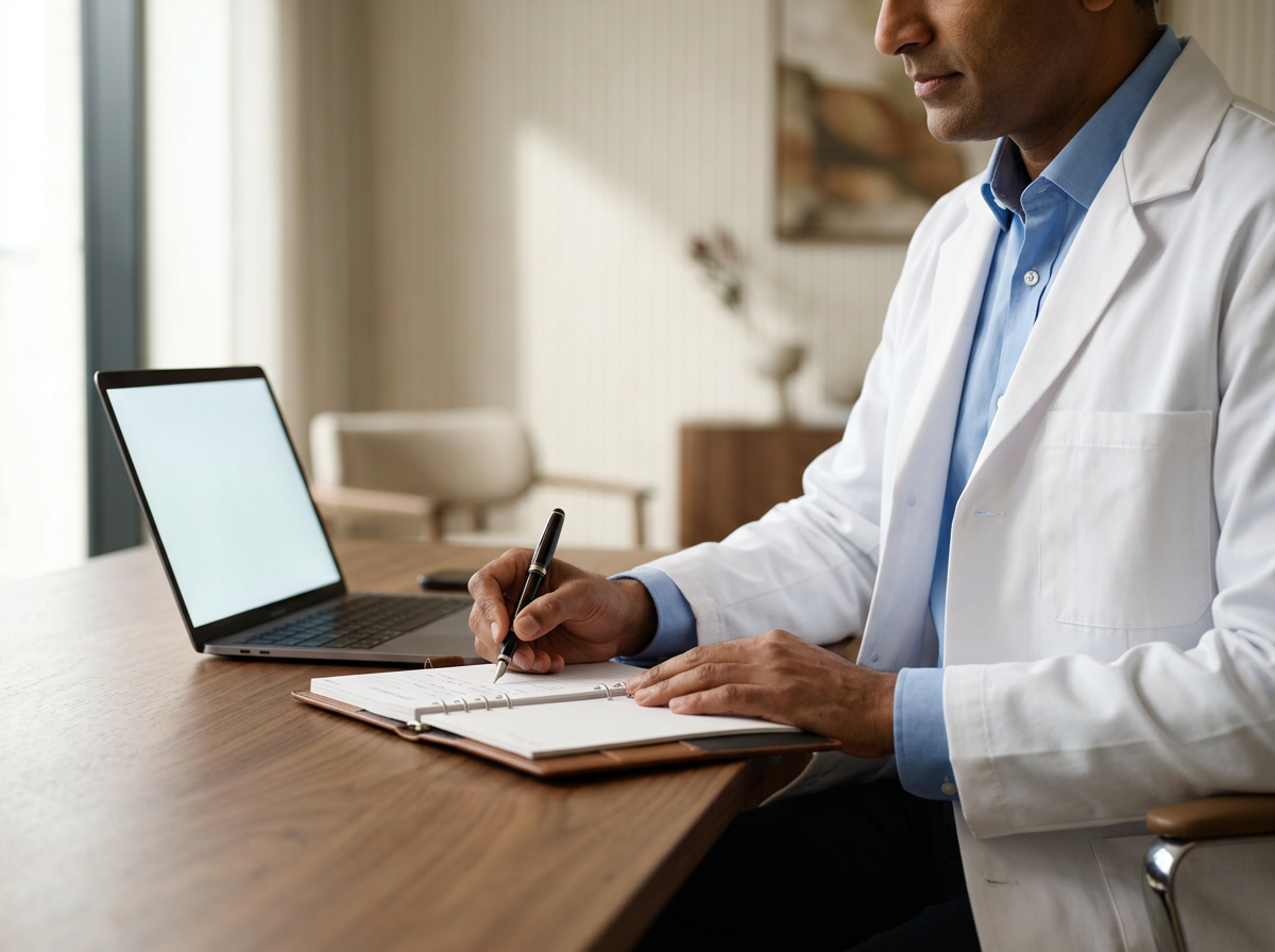 Consultant surgeon writing consultation notes beside a laptop in a warm private clinic