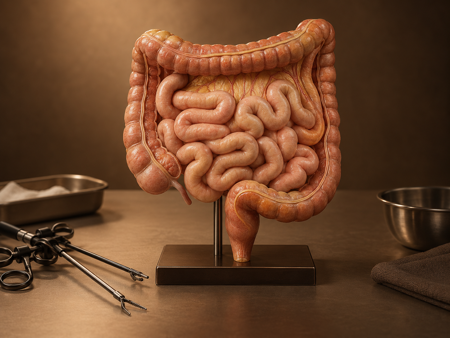 Brown-toned anatomical model representing small bowel and intestinal surgery