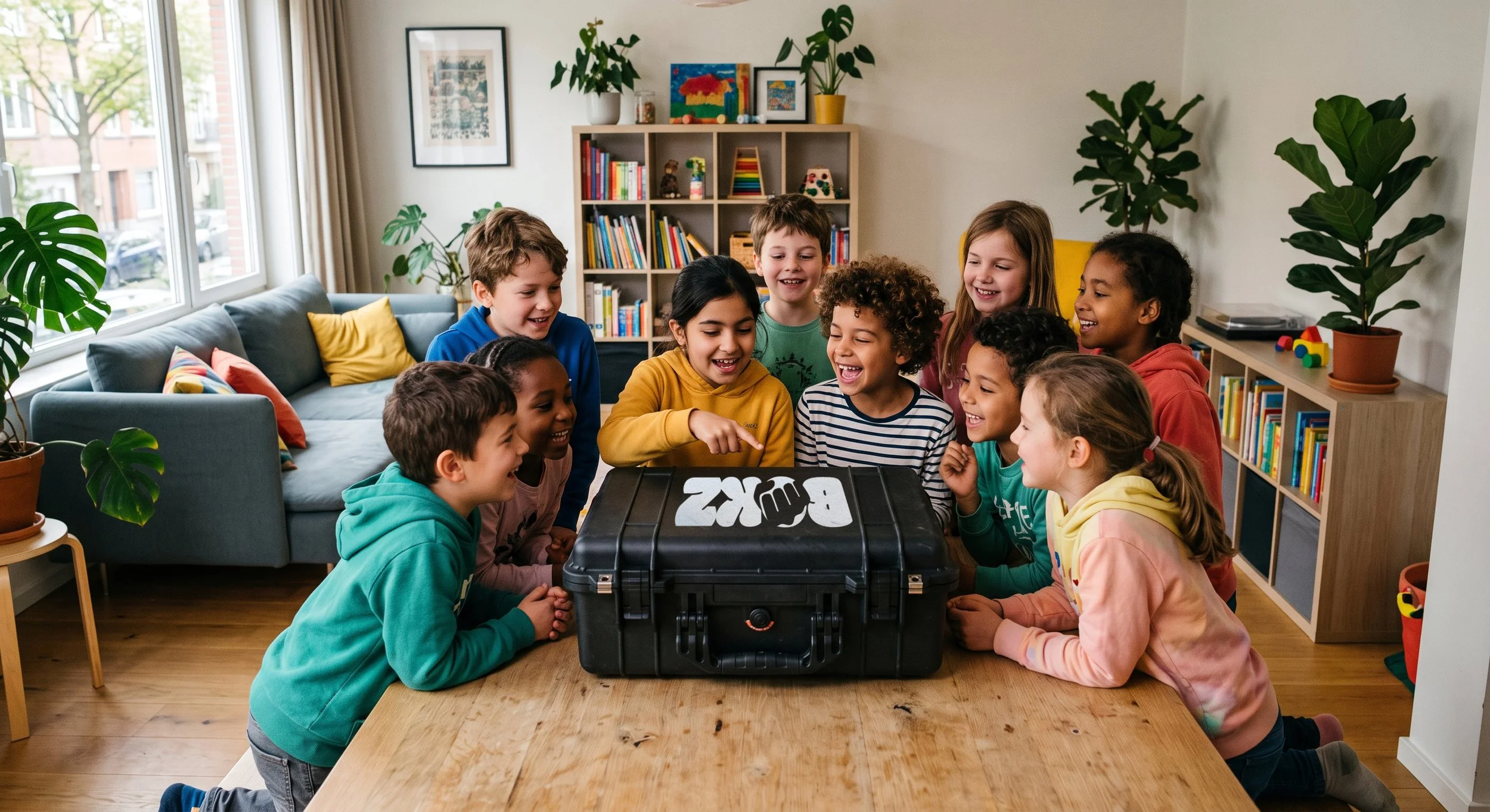 A group of children gathered around a black box labeled 'BOKZ' in a living room, smiling and looking excited.
