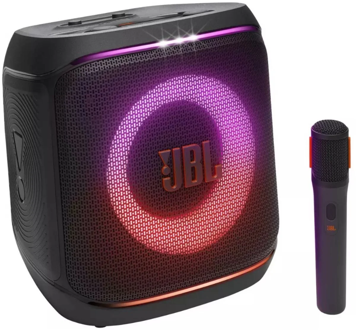 A JBL portable speaker with LED lights, a large JBL logo, and a microphone next to it.