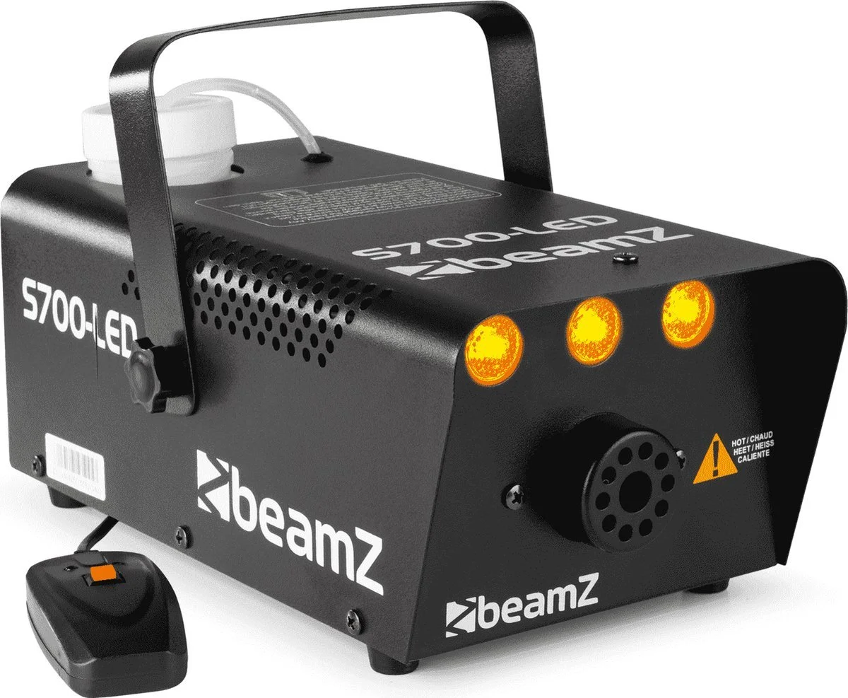 Laser level device labeled 'Zbeamz S700-LED' with three yellow lights on front, connected to a remote control.