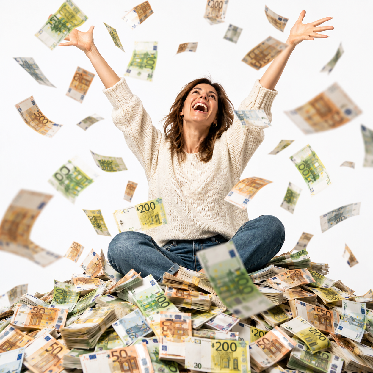 Woman sitting on the ground surrounded by piles of euro banknotes, throwing money into the air with a joyful expression.
