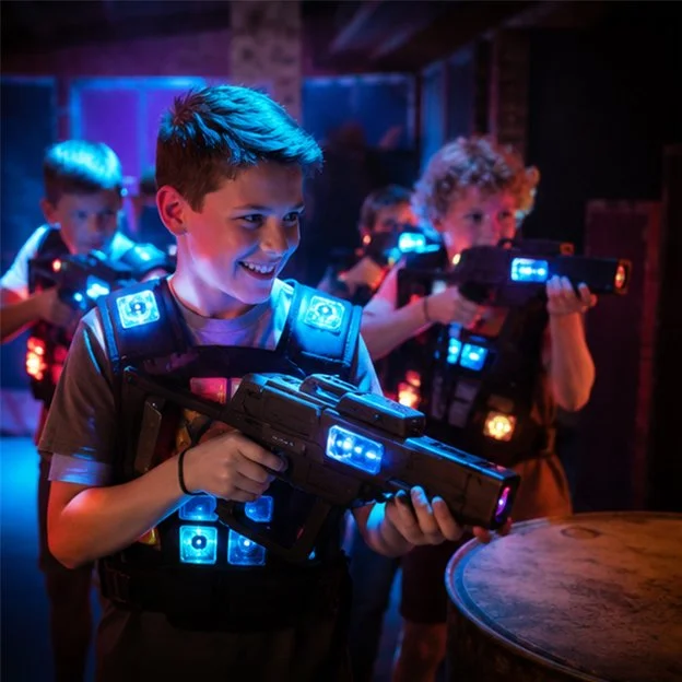 Kids playing laser tag in a dark room with colorful lights.