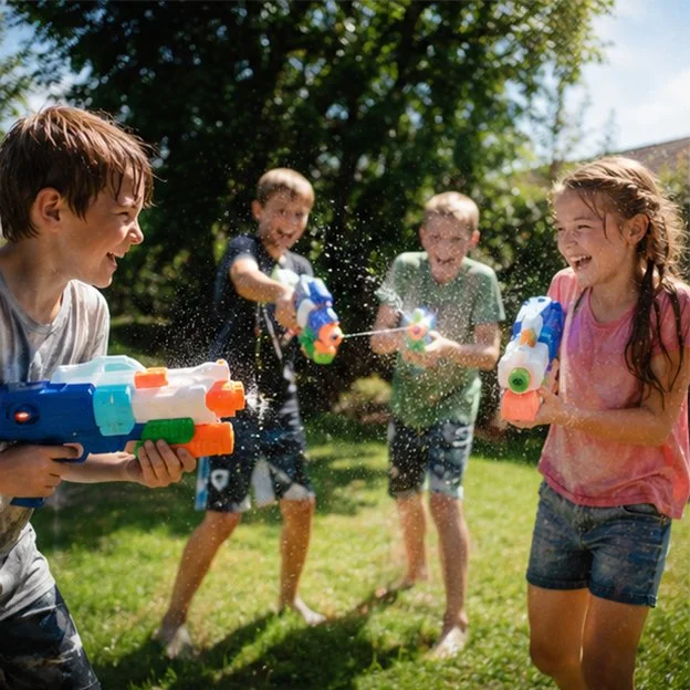 children playing with water guns outdoors on a sunny day.
