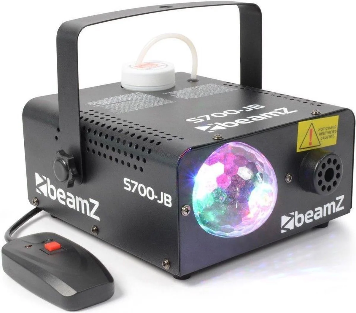 A laser light projector with colorful, swirling lights, labeled beamZ, with an attached remote control.
