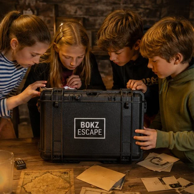 Four children examining a black escape room box labeled "BOKZ ESCAPE" on a wooden table with maps and papers, in a room with brick walls.