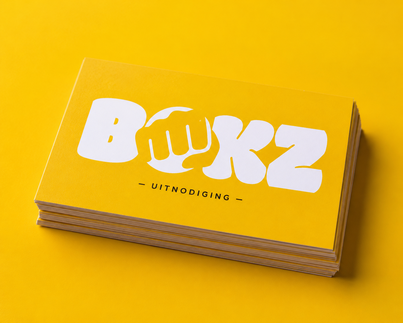 A stack of yellow invitations with the words 'BOKZ' and 'UITNODIGING' on the cover, placed on a yellow background.
