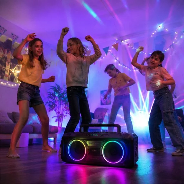 Four kids dancing and having fun at a party with colorful lights and a speaker in the foreground.