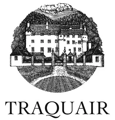 A detailed black and white illustration of Traquair House with a large central building, surrounded by a stone wall and gates, set against a backdrop of rolling hills and mountains.