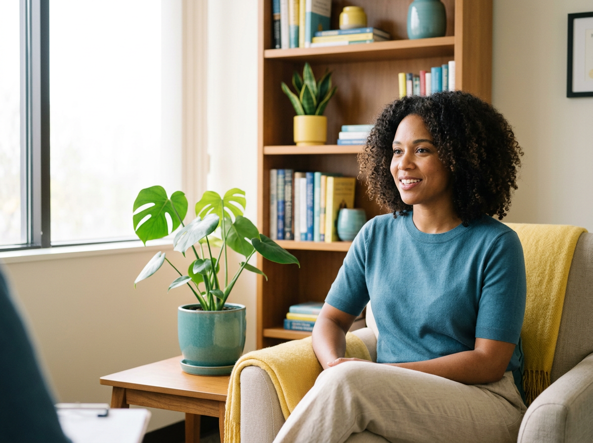 Woman sitting on a yellow-covered armchair, smiling during a conversation in a cozy room with a bookshelf and potted plant.