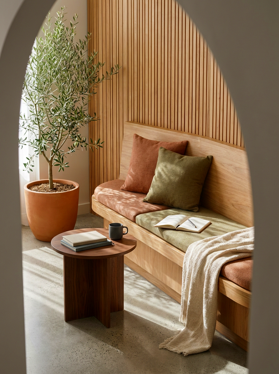 Cozy living room corner with a wooden bench, green and rust-colored cushions, a blanket, a small round wooden table with books and a mug, and a large potted plant near a window with sunlight.