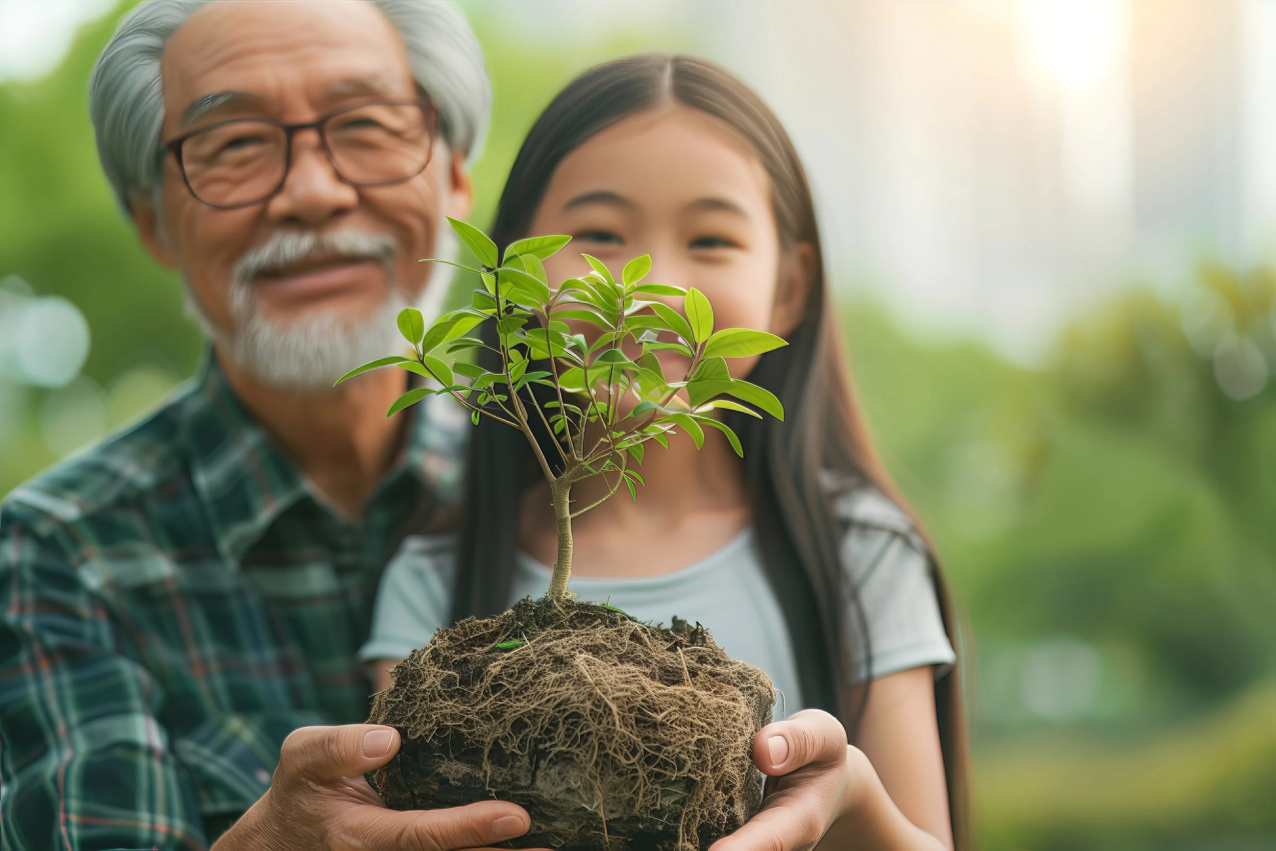 An elderly man and a young girl holding a small tree with roots and soil, smiling outdoors with greenery in the background.
