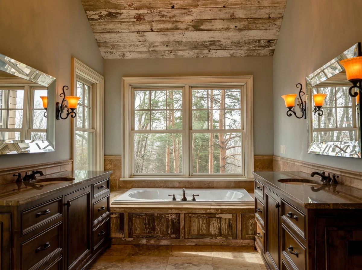 A bathroom with dual sinks, dark wood vanities, large mirrors, wall-mounted light fixtures, and a central bathtub under a large window showing trees outside.