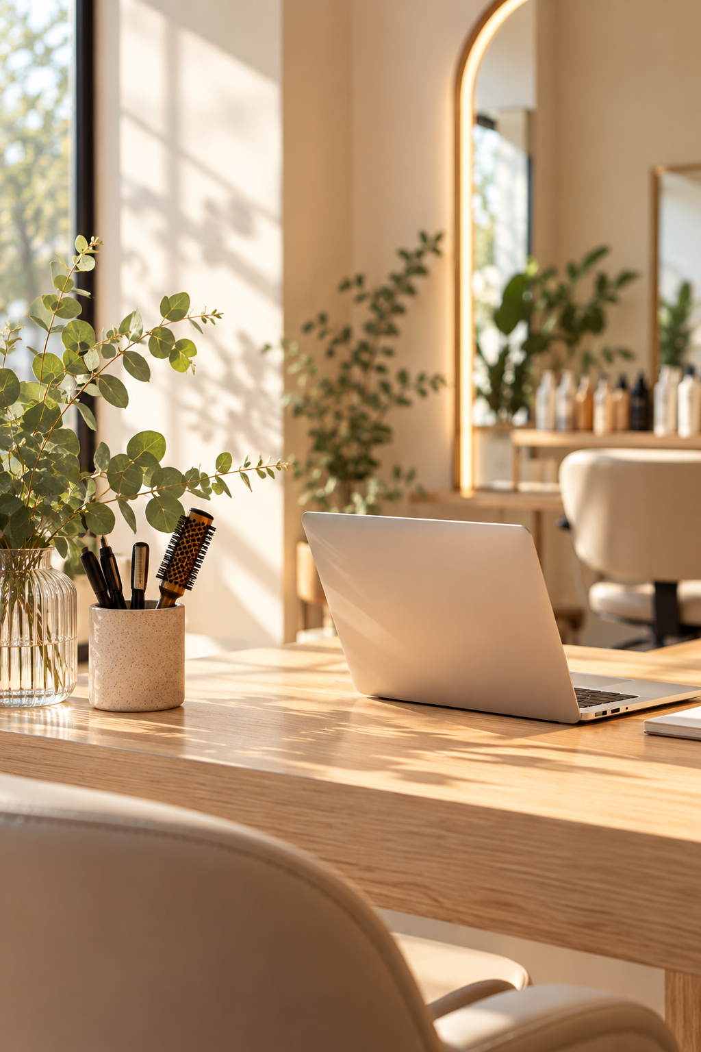 Un bureau en bois clair avec un ordinateur portable, un vase avec des plantes vertes, et un pot contenant des brosses. La pièce est bien éclairée avec de la lumière naturelle venant d'une fenêtre.