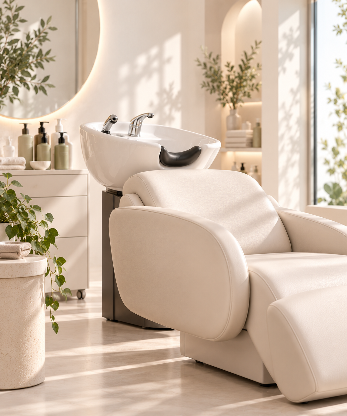 Salon de coiffure avec un fauteuil blanc et un lavabo de lavage capillaire, décor épuré avec des plantes et des bouteilles de produits de soin.