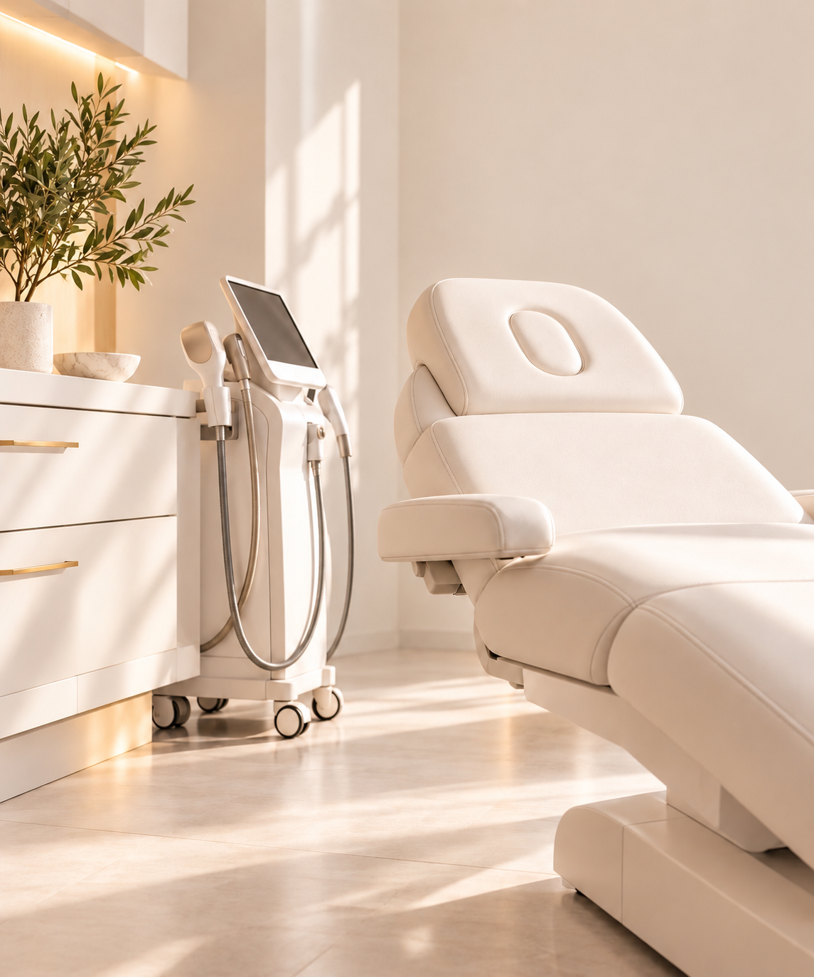 Une salle de traitement médical avec une chaise blanche et un appareil médical à proximité, décorée avec une plante verte et une lumière naturelle.