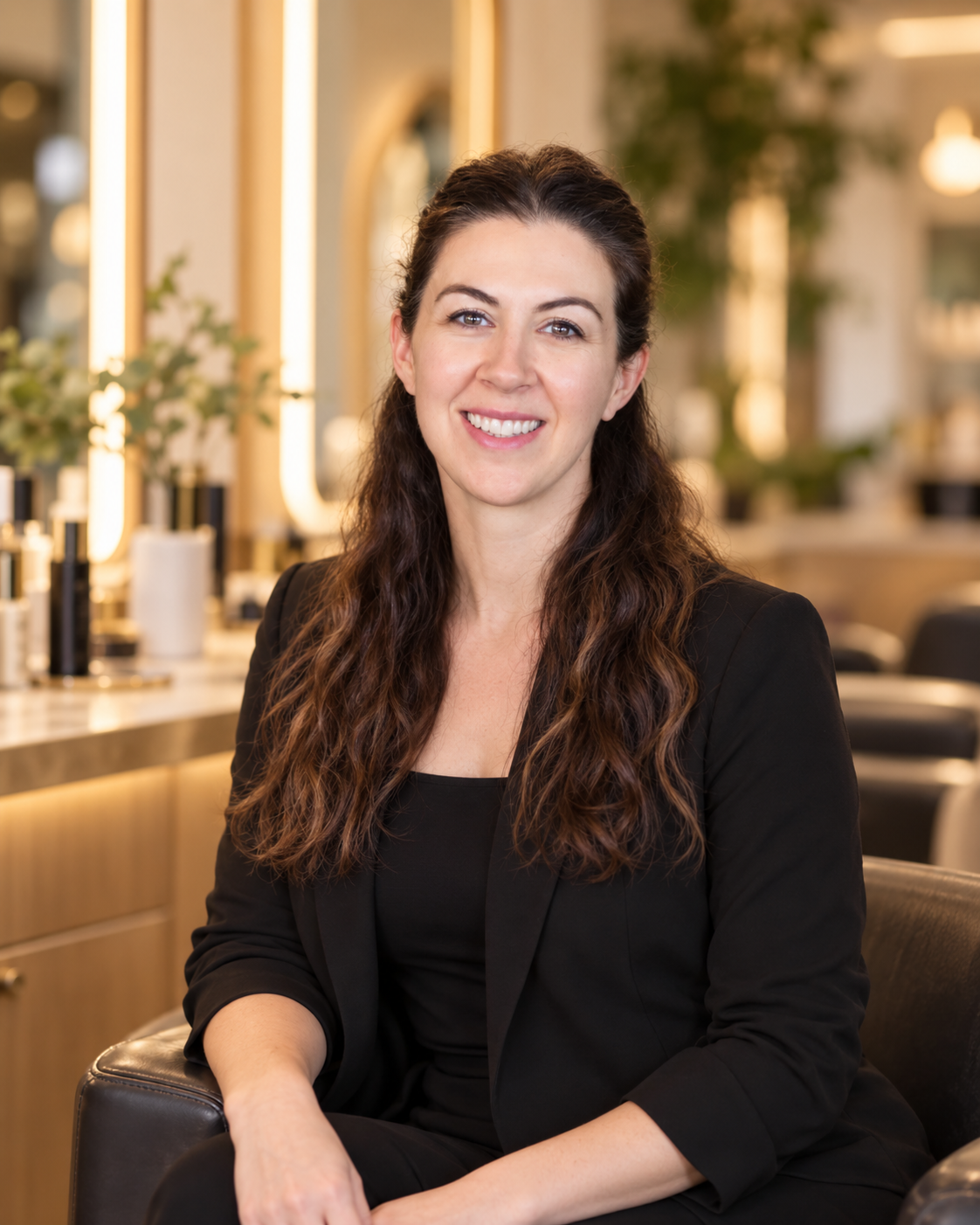 Une femme souriante avec des cheveux longs bouclés, portant un blazer noir, assise dans un salon moderne avec des miroirs et des lampes lumineuses.