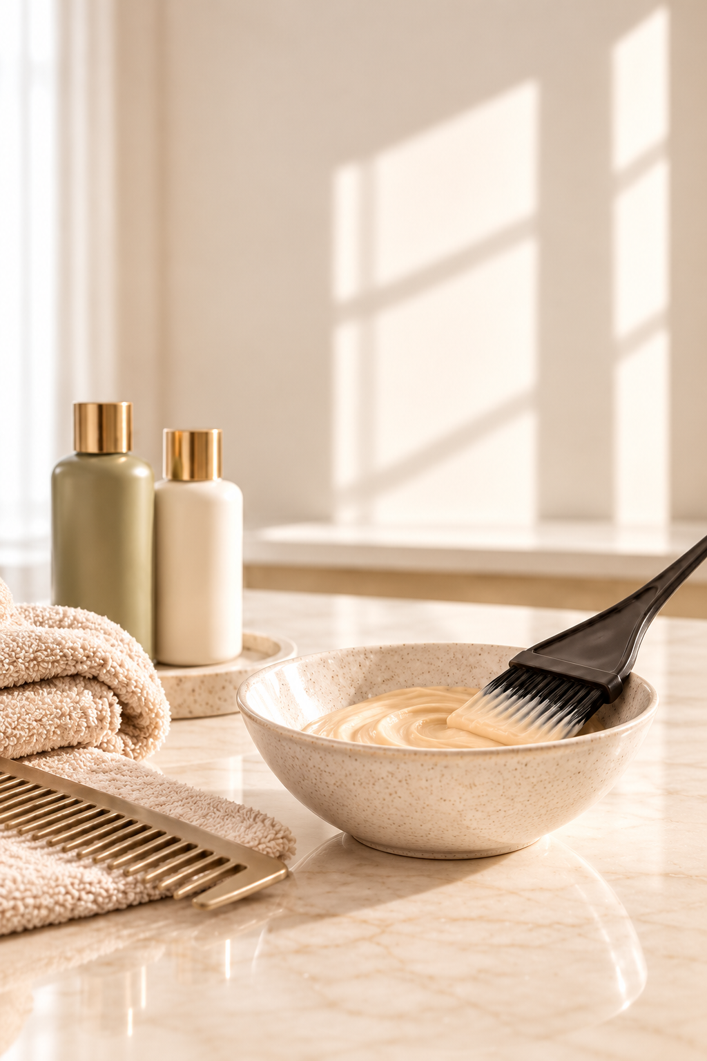 Bol à avec un mélange, un pinceau en silicone, deux bouteilles avec couvercles dorés, serviettes, un peigne, dans une salle de bain en lumière naturelle.