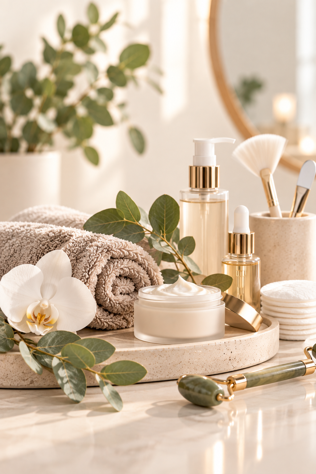 Produits de soins de la peau et accessoires de beauté sur une planche en pierre. Inclus une crème, sérums, un rouleau facial, un flacon pompe, une éponge konjac, du coton, et un vase avec une orchidée. Décor naturel et lumineux.