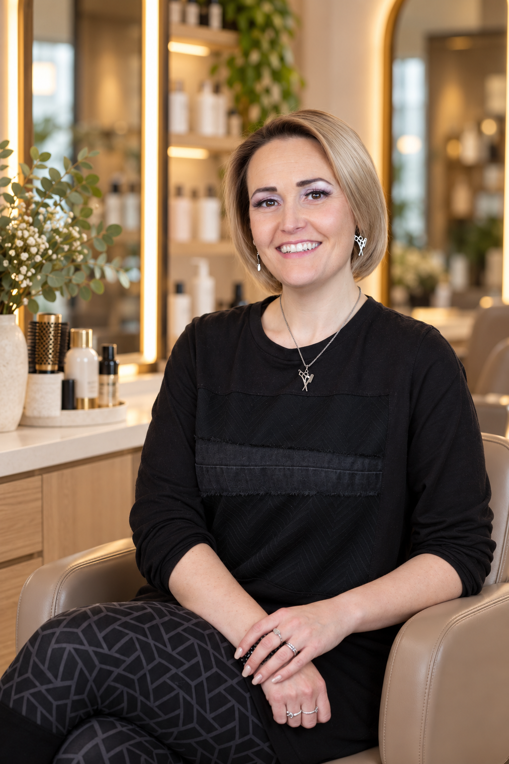Une femme souriante avec des cheveux courts blonds, portant des bijoux en argent, assise dans un salon de coiffure ou un spa, entourée de produits de beauté et de décoration florale.