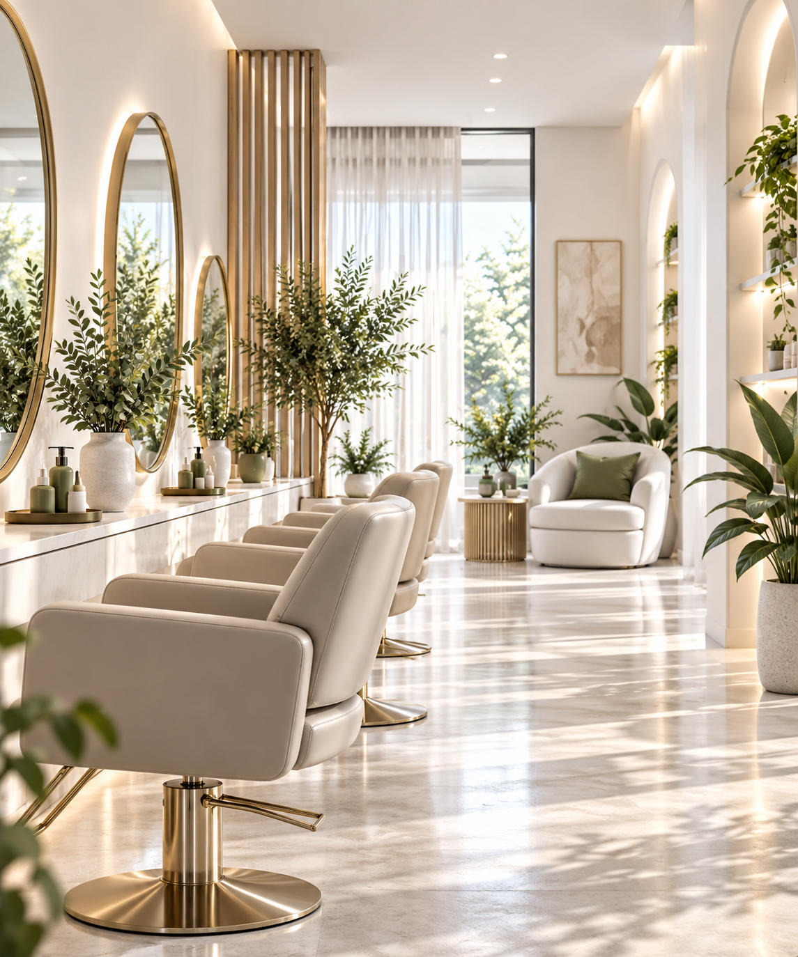 Salon de coiffure avec des miroirs ovales, des fauteuils en cuir blanc, des plantes vertes dans des vases blancs, grande fenêtre avec des rideaux transparents, décoration moderne et lumineuse.