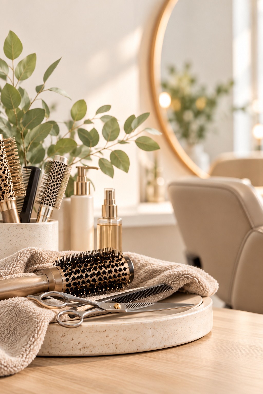 Ustensiles de coiffure, pince à cheveux et brosses, sur un plateau dans un salon de coiffure bien éclairé.
