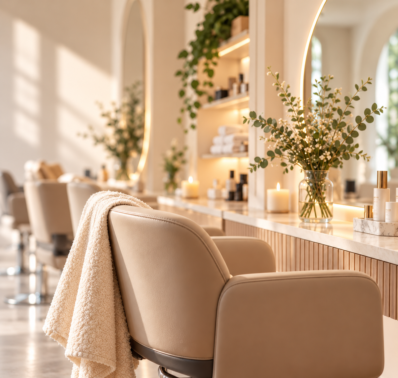 Intérieur d'un salon de coiffure avec des fauteuils beige, des miroirs ronds, des étagères avec des produits cosmétiques, des bougies et des vases avec des fleurs vertes.