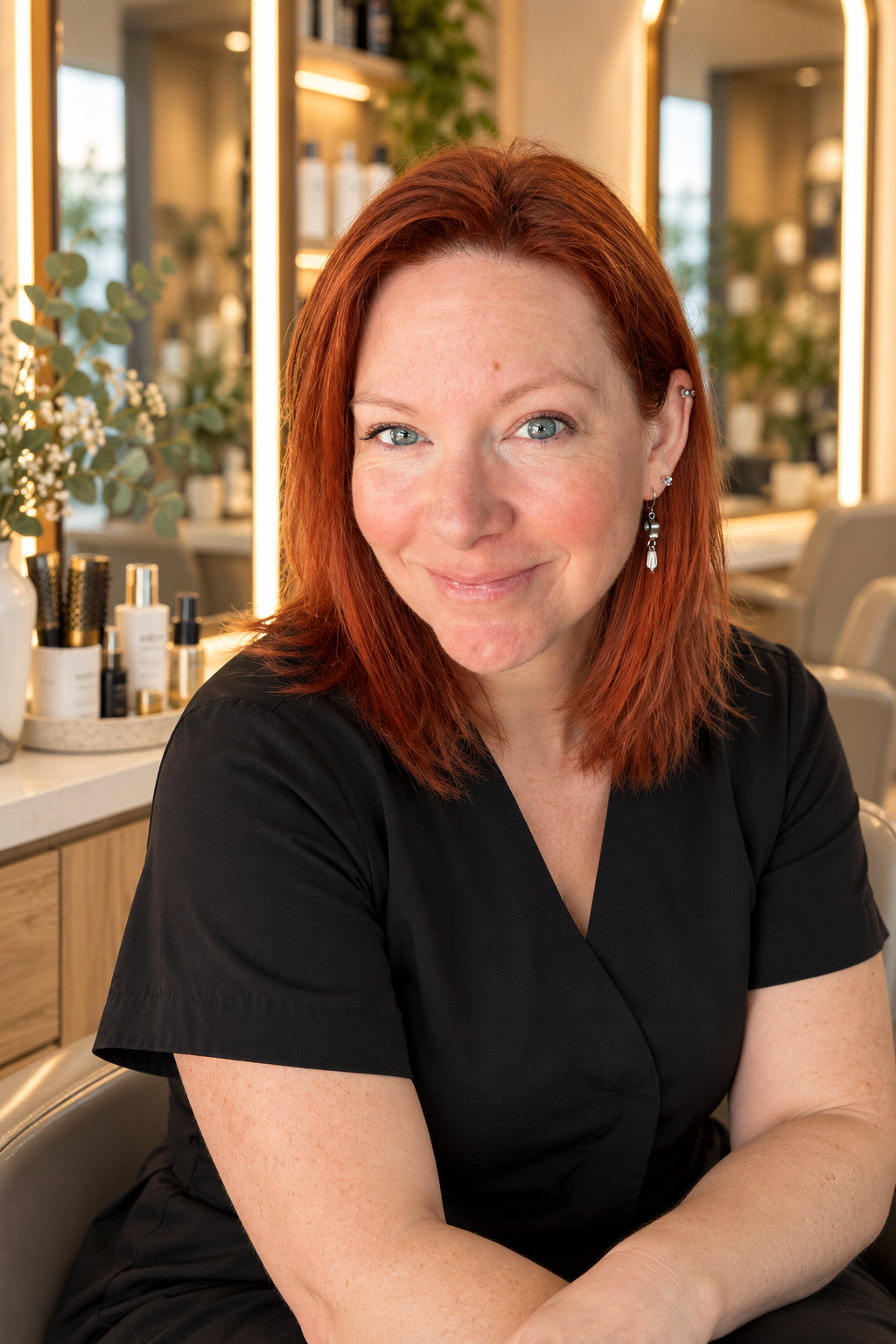 Une femme aux cheveux roux et à la peau pâle, portant une robe noire, sourit dans un salon de beauté ou de coiffure avec des produits et des plantes en arrière-plan.