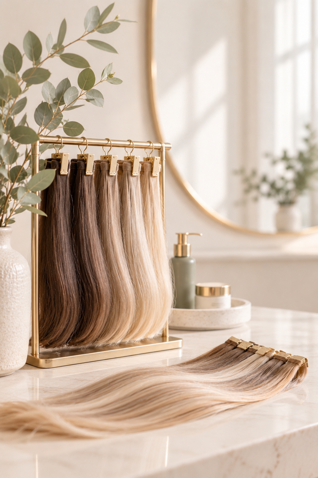 Boucles d'extensions de cheveux blonds et bruns sur un support en or dans une pièce lumineuse, avec un vase contenant des feuilles vertes et des produits de beauté sur la table.