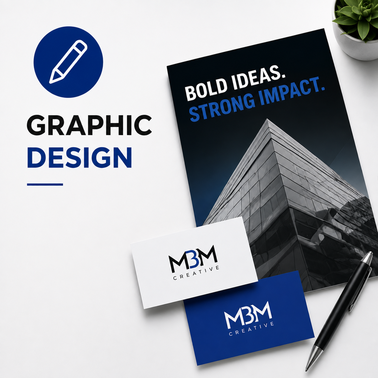 Flat lay of graphic design materials including a black and white brochure with a modern building image, business cards with 'MBM Creative,' a pen, and a plant, on a white surface.