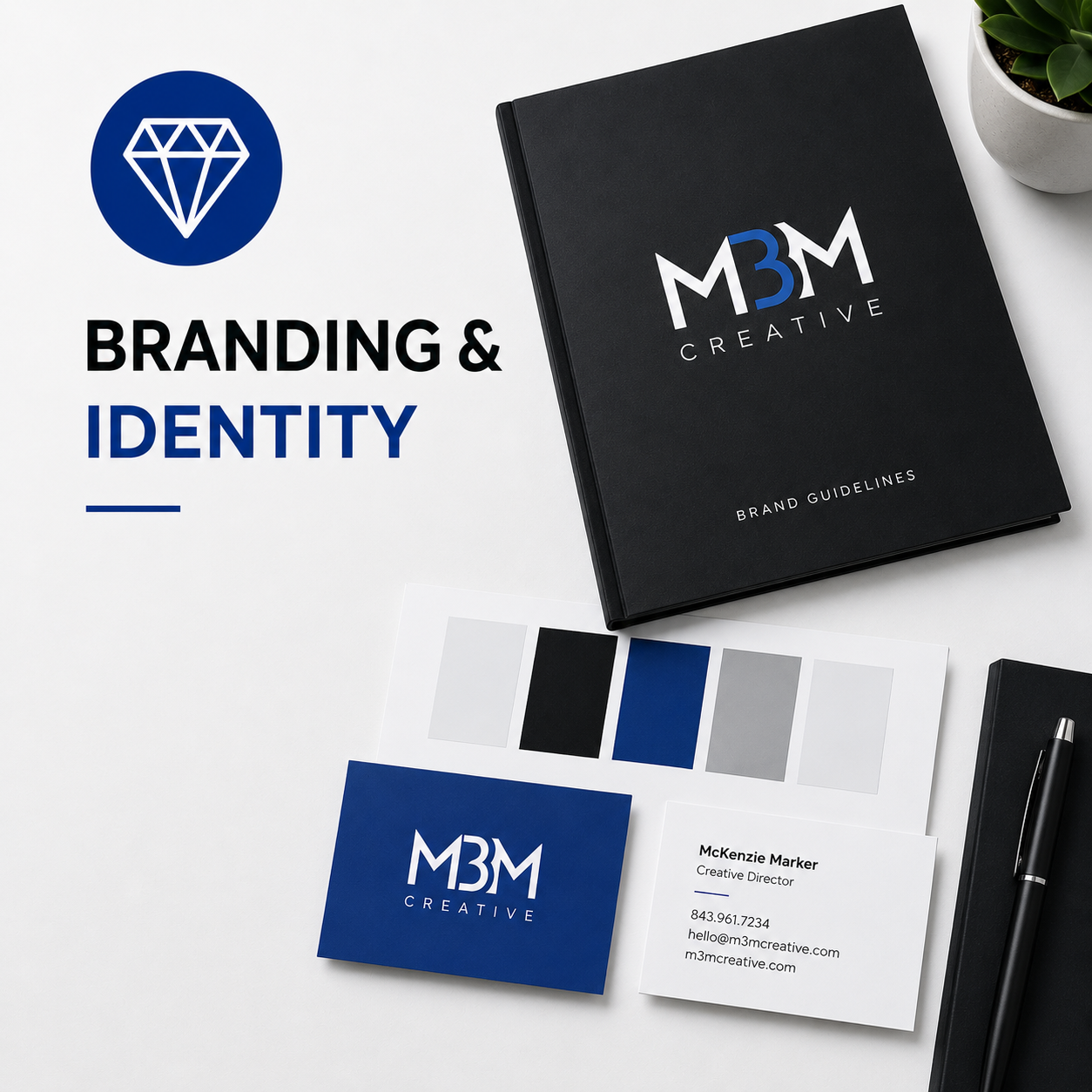 A branding and identity presentation for MBM Creative, featuring a black brand guidelines book, color swatches, a business card, a notebook, a pen, and a small potted plant on a white desk.