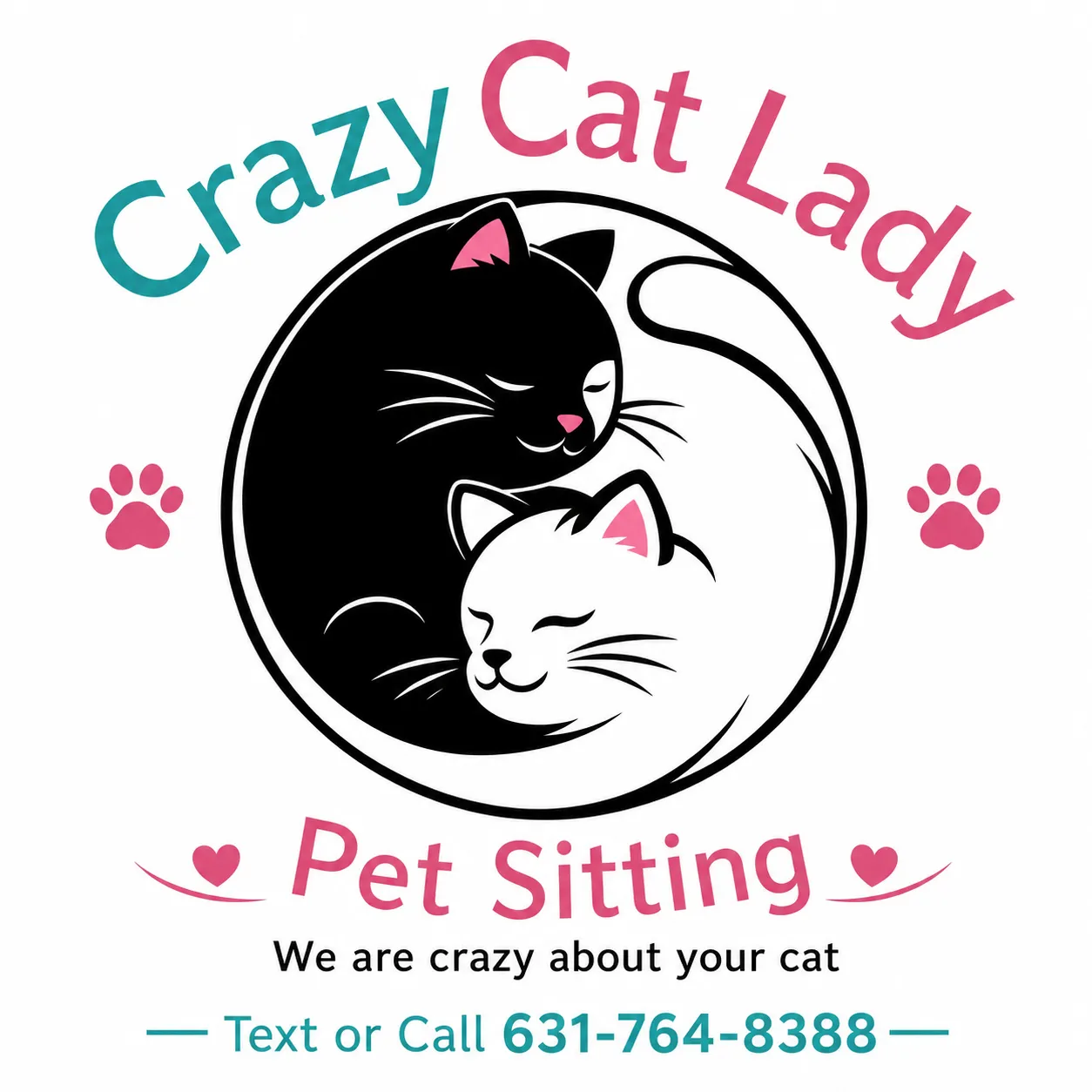 Logo for Crazy Cat Lady Pet Sitting featuring black and white illustrated cats hugging, pink paw prints, pink hearts, and contact information.