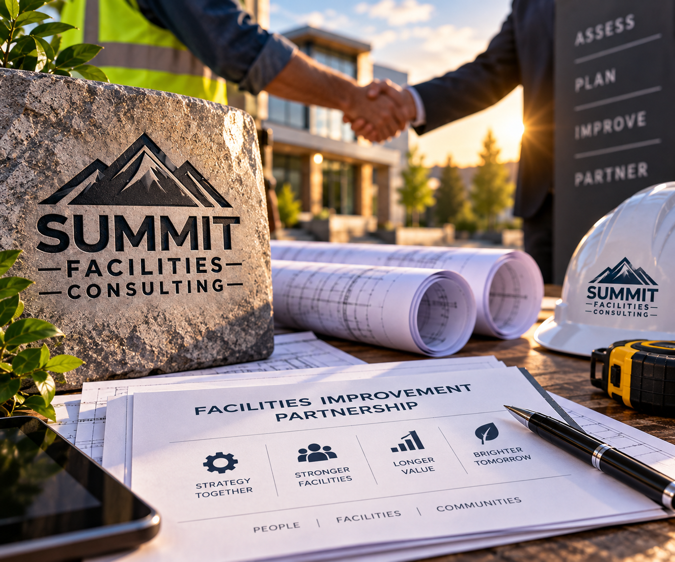 A table with rolled blueprints, a hard hat, and documents labeled 'Facilities Improvement Partnership' at an outdoor construction site during sunset. Two individuals are shaking hands in the background.
