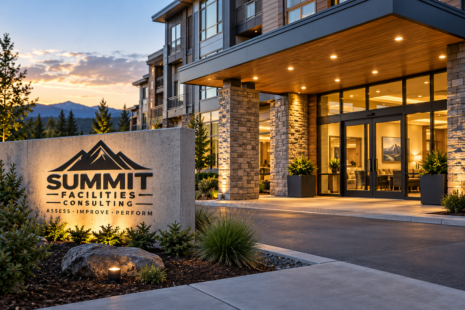 Exterior of a modern building with a sign reading 'Summit Facilities Consulting' at sunset, with mountains and trees in the background.