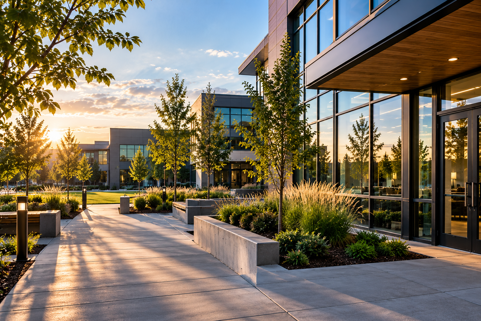 Modern office buildings with large glass windows, surrounded by landscaped trees and plants, captured during sunset with warm sunlight casting shadows.