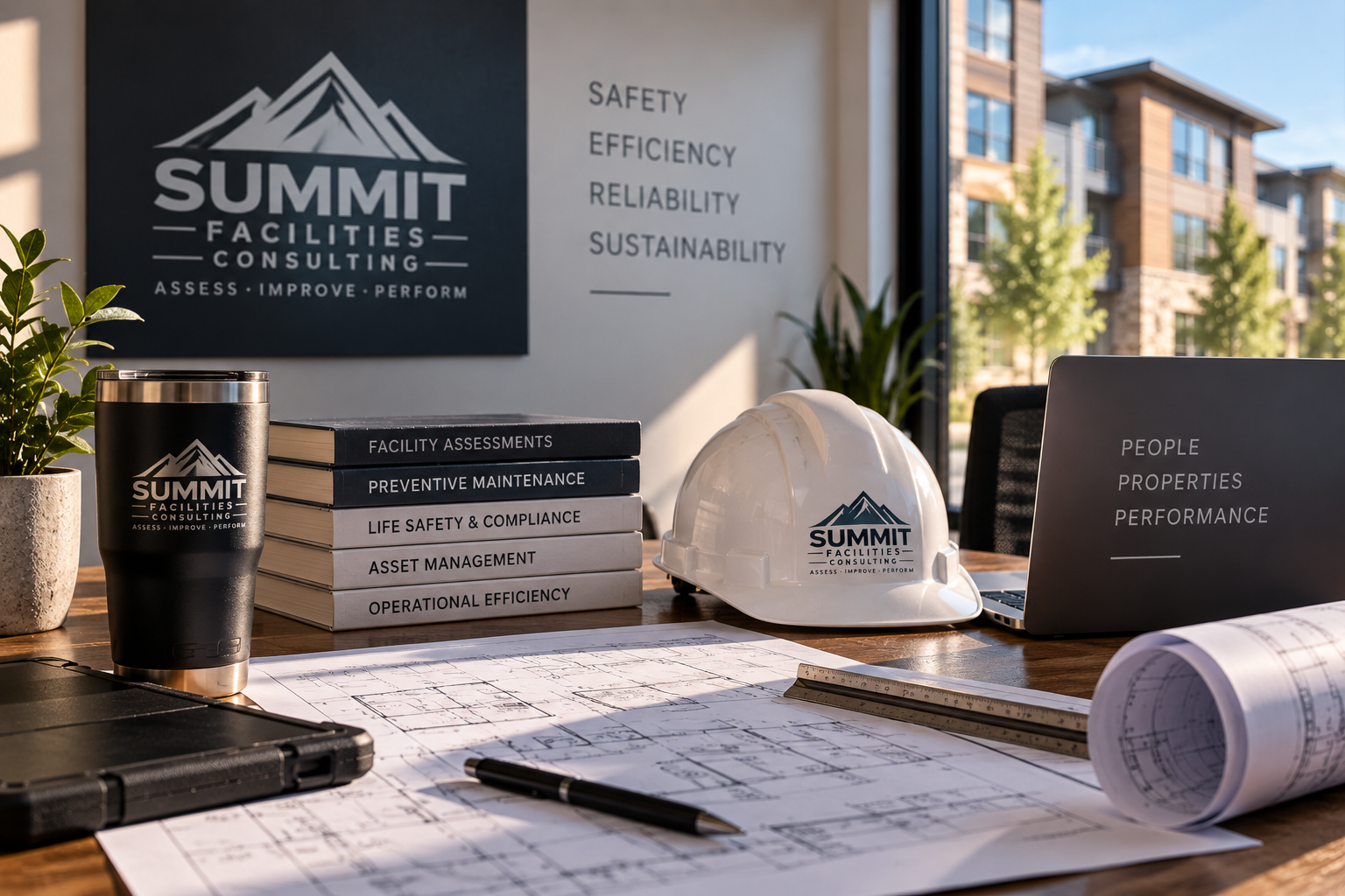 Construction and consulting workspace with Blueprints, a white safety helmet, a laptop, books, a coffee tumbler, a pen, a scale, and a rolled-up plan, with office buildings and trees outside