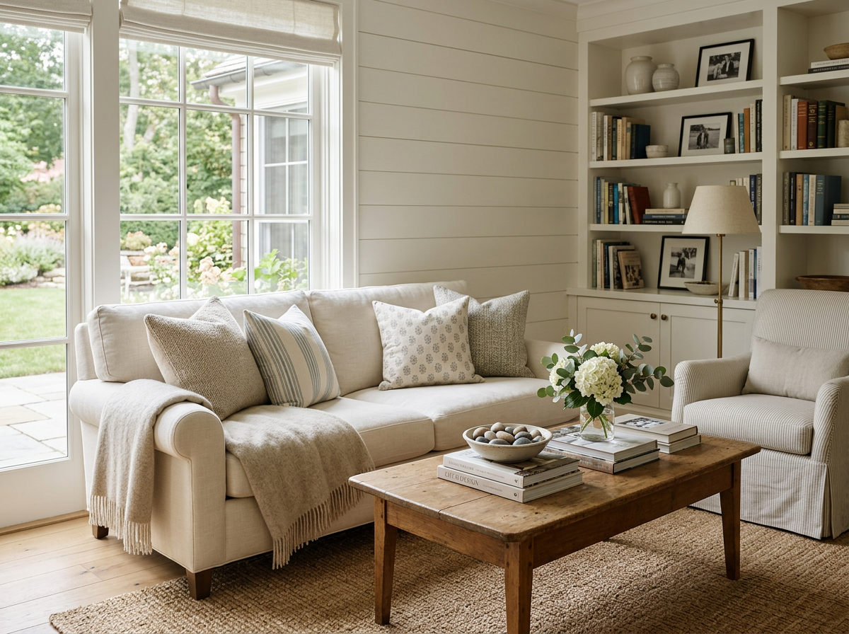 Living room with large window, white sofa, armchair, wooden coffee table with books and flowers, built-in bookshelf with books and decorative items, natural light, neutral decor.